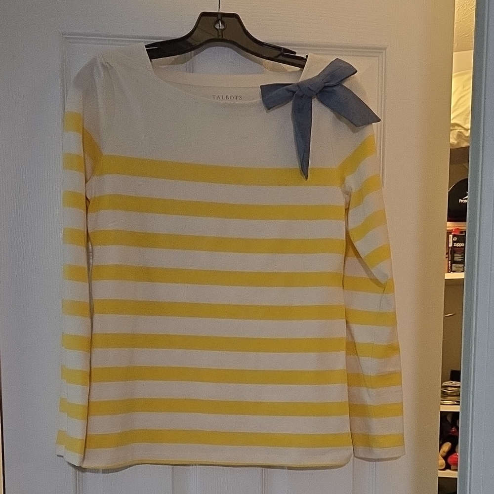 Talbots Cream and Yellow Striped Top with Blue Accent
